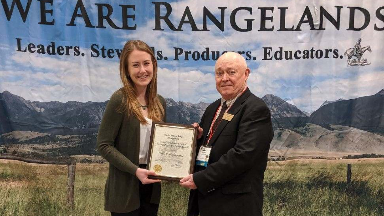 Grace Woodmansee (left), UC Davis graduate student, receives national leadership award from Professor Clayton Marlow, Montana State University, and president of the Society for Range Management Grace Woodmansee (left), UC Davis graduate student, receives national leadership award from Professor Clayton Marlow, Montana State University, and president of the Society for Range Management