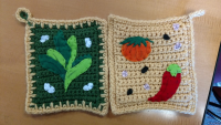 Pot holders Randi crocheted for people at the UC Davis Student Farm